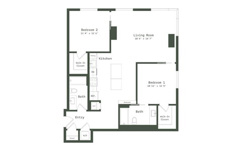 Floor plan for 2 beds, 2 baths, 1127 sqft